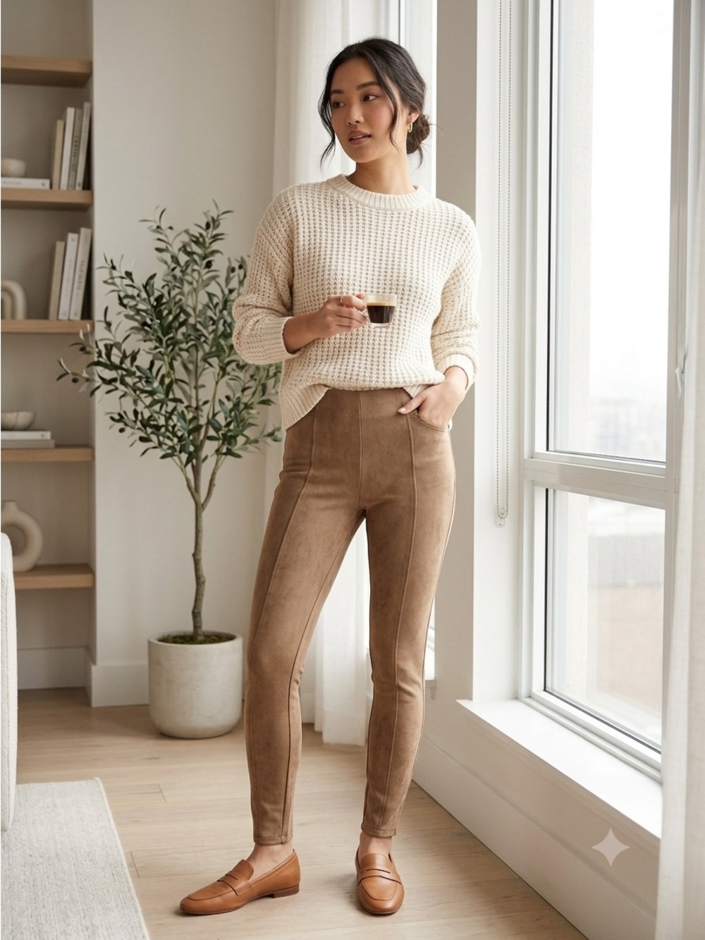 High-Rise Suede-Look Leggings in Camel Brown NWOT